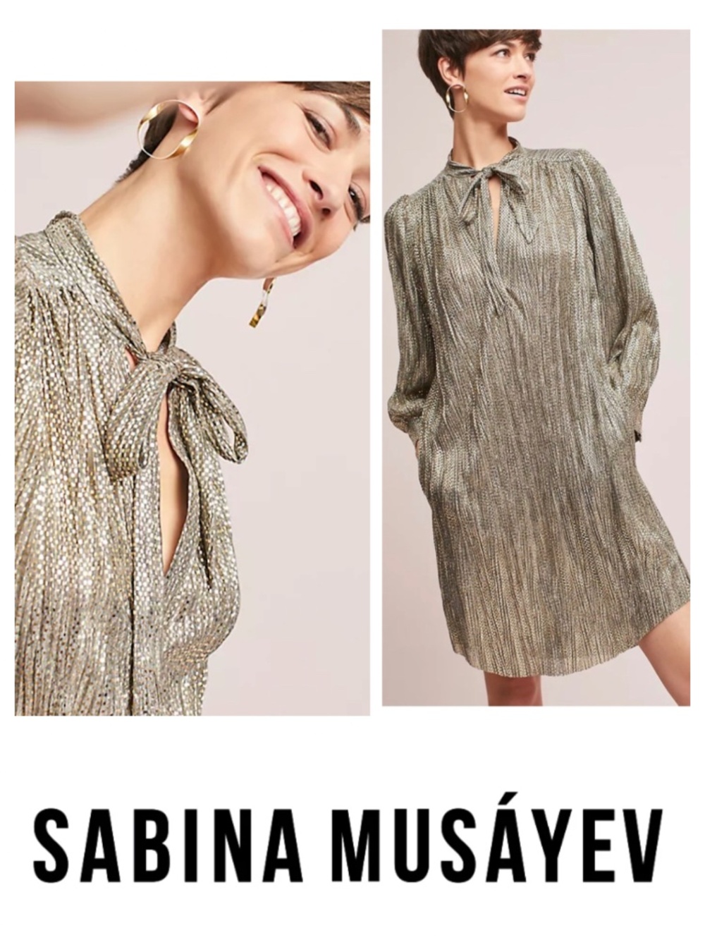 Sabina Musayev Dress Sz XL 14 16 Metallic Pleated Neck Bow Tied Tunic Shimmer